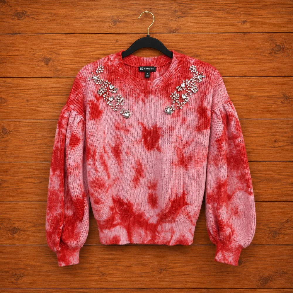 INC International Concepts Red Tie Dye Rhinestone Balloon‎ Sleeve Sweater S